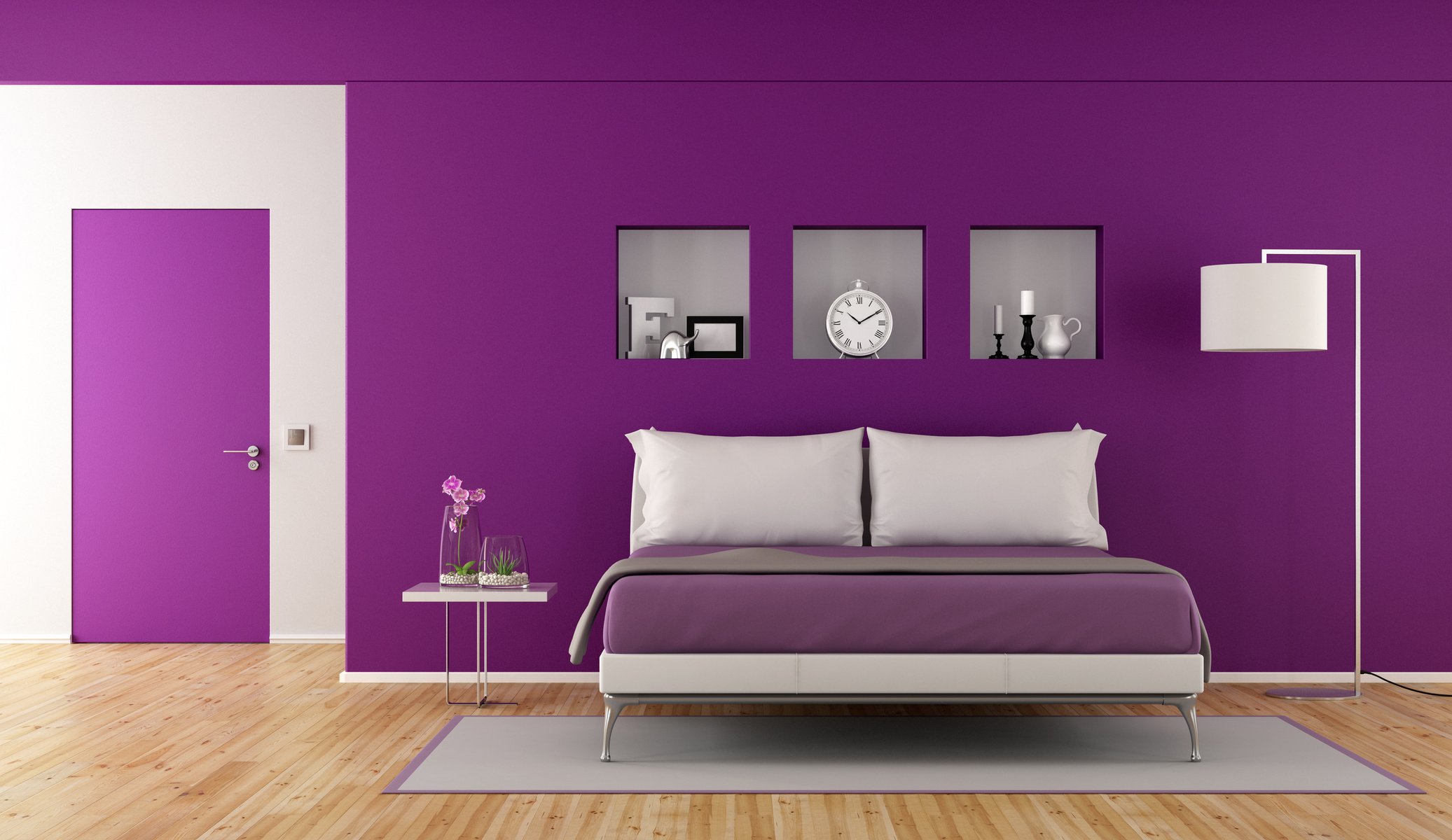 Minimalist Modern Purple Bedroom 3D Rendering